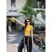 Sweet Cool Spicy Girl Set For Women Summer Rhinestone Slim Fit Yellow Letter T-Shirt + High Waist Plaid Patchwork Jeans_ecoleips.com