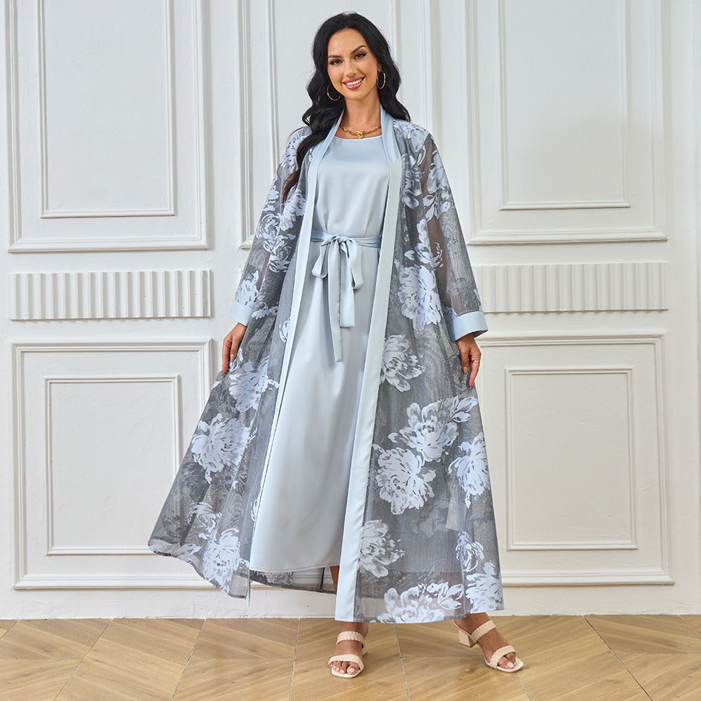 New Muslim Abaya Robe Floral Casual Dress Cardigan Two-Piece Set Women's Clothing_ecoleips.com