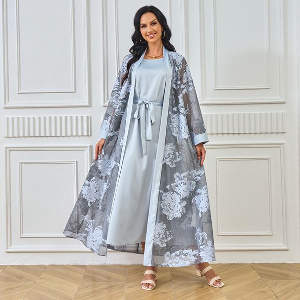 New Muslim Abaya Robe Floral Casual Dress Cardigan Two-Piece Set Women's Clothing_ecoleips.com