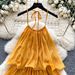 Women's Yellow Dress French Style Halter Neck Suspender Ruffle Patchwork Cake Style Short Summer 2025_ecoleips.com