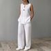 Women's Summer Cotton Linen Set Sleeveless Vest And Wide Leg Pants Two Piece Casual Fashion Mid Waist_ecoleips.com