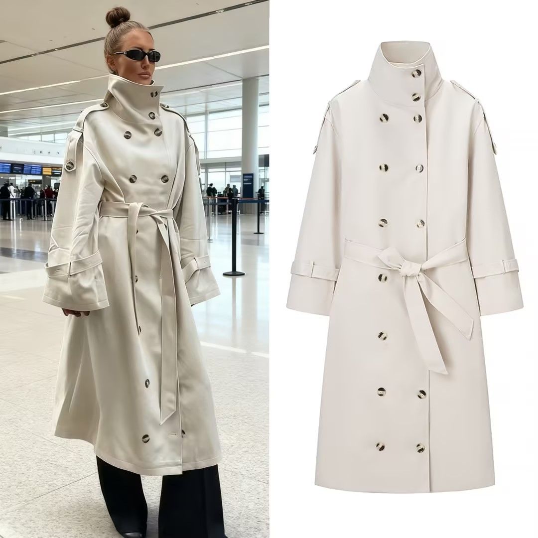 Women's Clothing Elegant Double-Breasted Long Trench Coat With Stand Collar - Stylish Winter Overcoat Classic Urban Fashion, Polyester Blend_ecoleips.com
