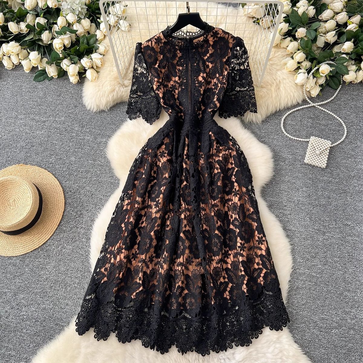 Vintage-Inspired Heavy Embroidered Lace Dress With Peplum Waist – Floral French Elegance Short Sleeve Midi Dress_ecoleips.com