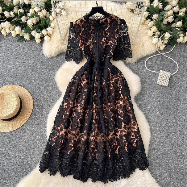 Vintage-Inspired Heavy Embroidered Lace Dress With Peplum Waist – Floral French Elegance Short Sleeve Midi Dress_ecoleips.com