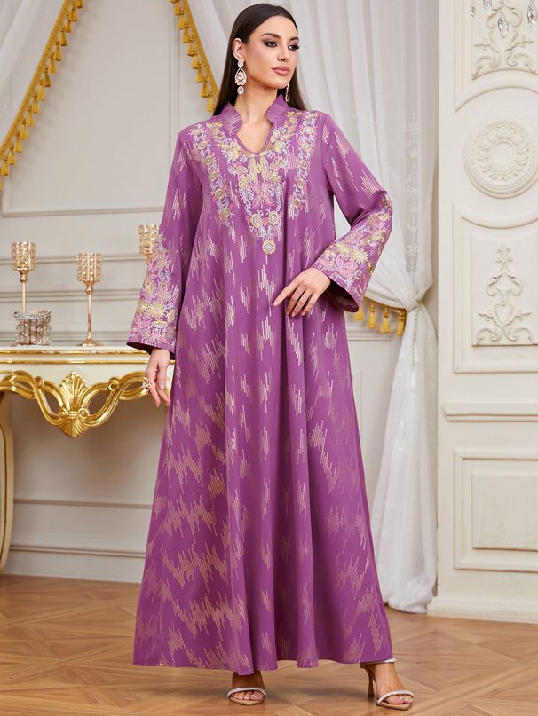 Women's Clothing Women's Floral Embroidery Long Sleeve Dress Gold Foil Print Middle Eastern Arabian Style High Quality Heavy Duty Long Skirt_ecoleips.com