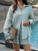 Relaxed Linen Blend Drawstring Lounge Set – Casual Vacation Boho Top & Pants With Raw Hem Detailing_ecoleips.com