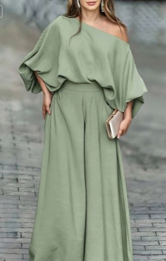 Women's Off Shoulder Lantern Sleeve Loose Top Wide Leg Pants 2 Piece Set No Belt_ecoleips.com