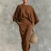 Women's Clothing European And American Style High Waisted Midi Skirt Suit For Women Round Neck Long Sleeved Loose Top Autumn New Commuting_ecoleips.com