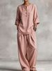 Women's Casual V Neck Long Sleeve Pants Set With Pockets Multi Color Cotton Top And Bottoms Ensemble_ecoleips.com