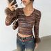Women's Slim Fit Cropped V-Neck Yarn-Dyed T-Shirt – European & American Style Casual Top (S/M/L, Polychrome)_ecoleips.com