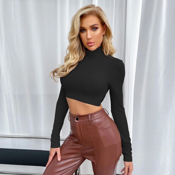 Voya Women's 2026 Spring/summer Sexy Backless Slim Fit High Neck Versatile Long Sleeved T-shirt Top Base Shirt_ecoleips.com