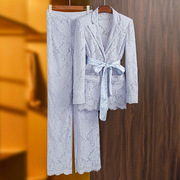 Elegant Lace Trim Tie-Waist High-Waisted Pants & Blazer Lapel Top Two-Piece Set For Women, Office & Casual Wear_ecoleips.com