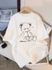 Cute Teddy Bear Print Crew Neck Tops Women's Fit Short Sleeve Cartoon Fashion Coffee Cup Kawaii Women Clothing_ecoleips.com