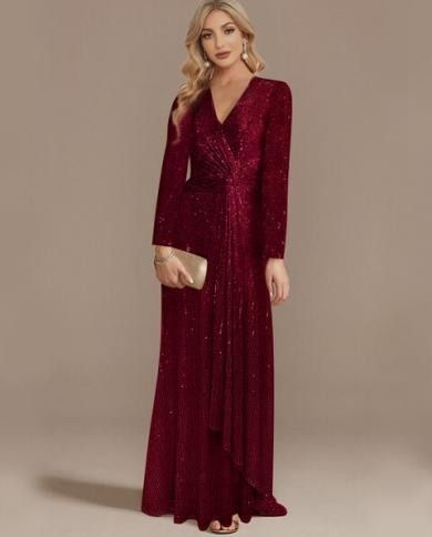 2025 European And American New Cross-Border Party Dress, Solid Color Sequin Vintage Long Sleeve Elegant Socialite_ecoleips.com