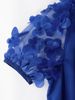 Women PuffSleeve ShirtCollar RoyalBlue 3DFloral HiLoHem Midi Dress ElegantRetro SpringSummer Chic Party Club Lightweight Dress_ecoleips.com