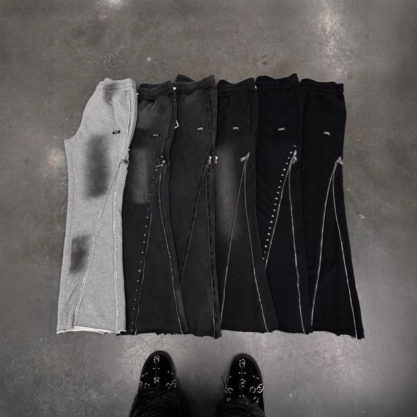 2025 New Style Heavy Duty Knitted Trousers With Zipper Design, Street Style, Niche Fashion, Distressed Finish, Unisex, Ribbed Fit, Wholesale_ecoleips.com
