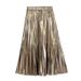 Metallic Shiny Reflective 2025 New Fashionable High Waist Slimming Pleated Mid-Length Half Skirt For Women_ecoleips.com