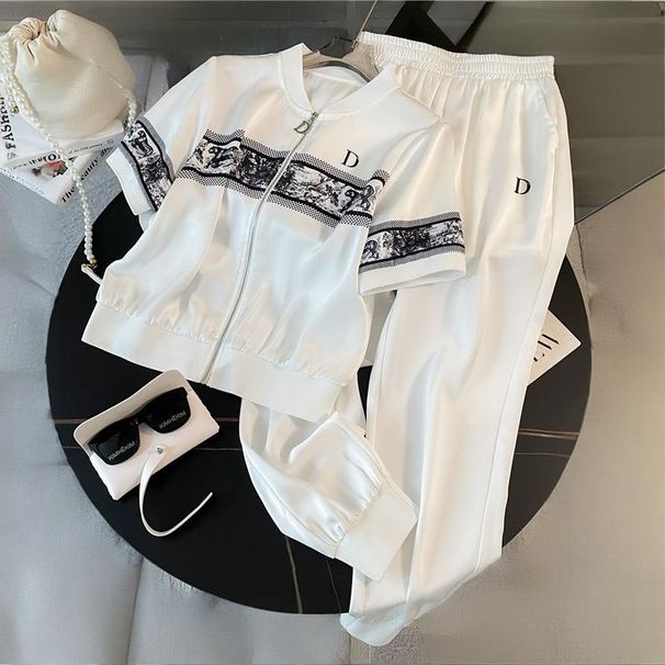Women's Clothing European Style Women's Sportswear Set Summer Casual Fashion Chic Thin Ice Silk Top And Jogger Pants Two Piece Outfit_ecoleips.com