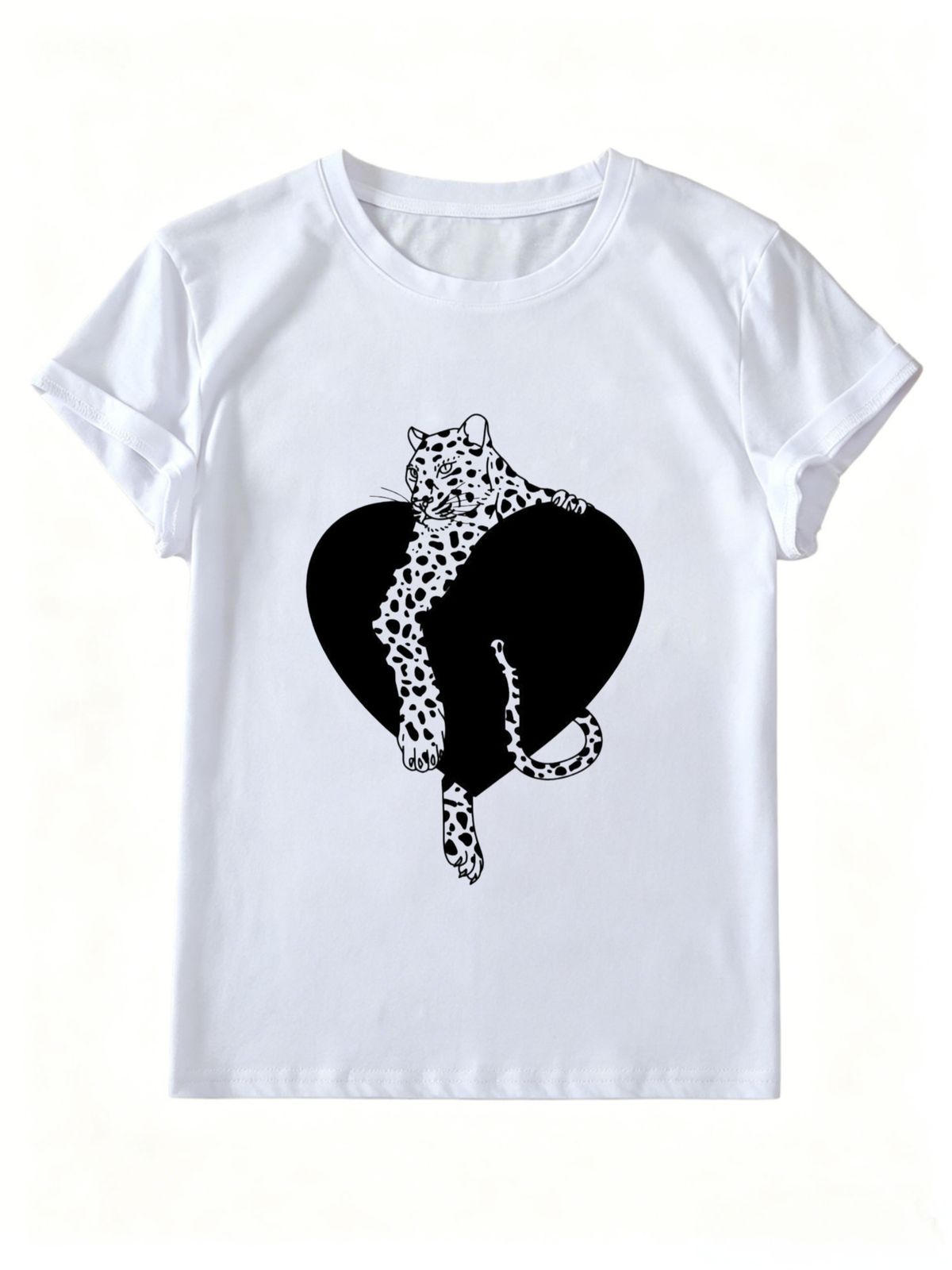 Women Leopard Black Heart Graphic T-Shirt Retro Y2K Animal Print Crew Neck Short Sleeve Casual White Street Tee_ecoleips.com