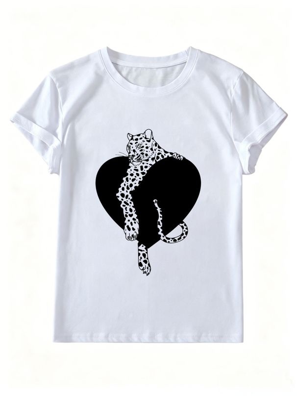 Women Leopard Black Heart Graphic T-Shirt Retro Y2K Animal Print Crew Neck Short Sleeve Casual White Street Tee_ecoleips.com