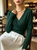 Women Cross Wrap V Neck Ribbed Knit Top Loose Long Sleeve Lightweight Breathable Skin-friendly Crop Sweater_ecoleips.com