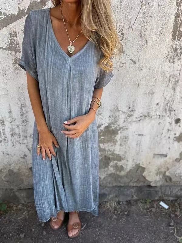 Fashionable Cotton And Linen V-Neck Semi-Formal Dress_ecoleips.com