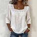 Women's Clothing Women's Casual Square Neck Top Lace Trim Three-Point Cotton Linen Short Sleeve Solid Color Summer_ecoleips.com