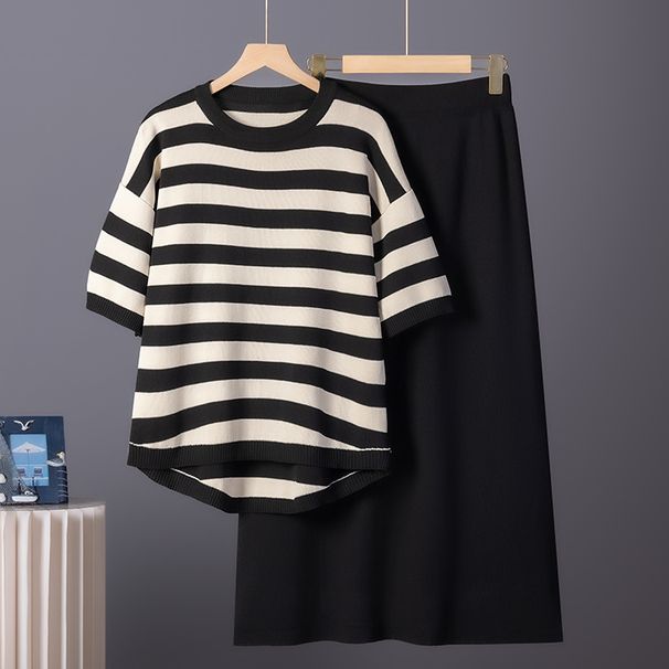 K New Women's Fashion Set Short Sleeve T-shirt+Half Skirt Knitted Two Piece Set For Women_ecoleips.com