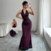 Women's Clothing Elegant Bodycon V-Neck Halter Fishtail Maxi Dress With Waist Pleats - Breathable Mesh Fabric, High Waist Design, Versatile_ecoleips.com