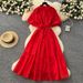 Women's Clothing Stand Up Collar Lantern Sleeves Tie Waist Dress For Women Slim Temperament Shiny Ruffled Long Skirt_ecoleips.com