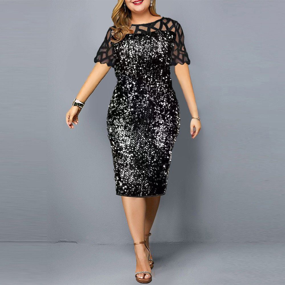 Women's Plus Size Sequin Dress Short Sleeve Personalized Extra Large Size_ecoleips.com
