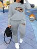 Women's Autumn And Winter Hip-hop Casual Street Leopard Print Lip Print Print Round Neck Sweatshirt+sports Pants Warm Suit-615_ecoleips.com