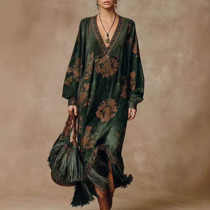 Vintage Silhouette Print Flowy Maxi Dress – Boho Green Fringe Dress With Bell Sleeves, Polyester Retro Dress For Women (S-Xxl)_ecoleips.com