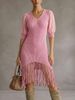 Breathable V Neck Chiffon Puff Sleeve Fringe Hem Loose Rib Knit Dress_ecoleips.com