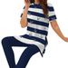 Breathable Striped T-Shirt With Side Slit & Comfort Trousers, Women's Casual Two-Piece Set For Spring Summer_ecoleips.com