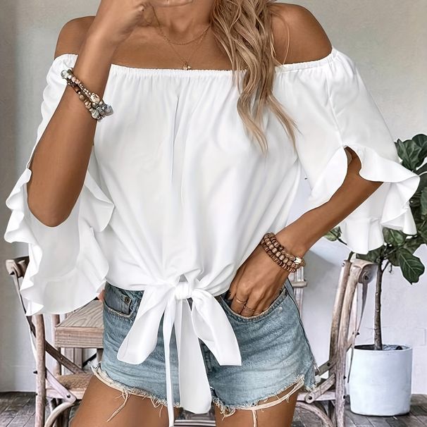 Women's Off-Shoulder Bell Sleeve Blouse With Bow Tie – Casual Loose Fit Top – Breathable Polyester Summer Fashion (White/Black)_ecoleips.com
