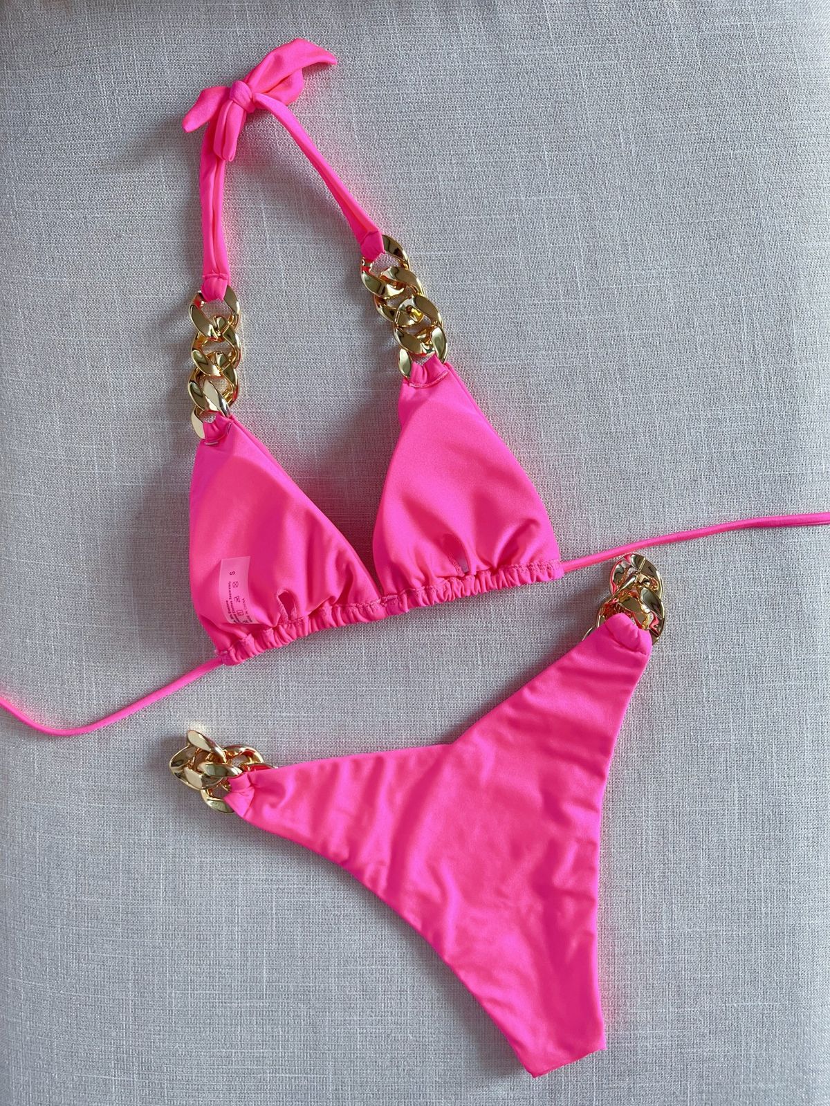Women's Clothing Sexy Bikini Swimsuit With Large Gold Chain Accessories And Straps, Solid Color Two Piece Swimsuit_ecoleips.com