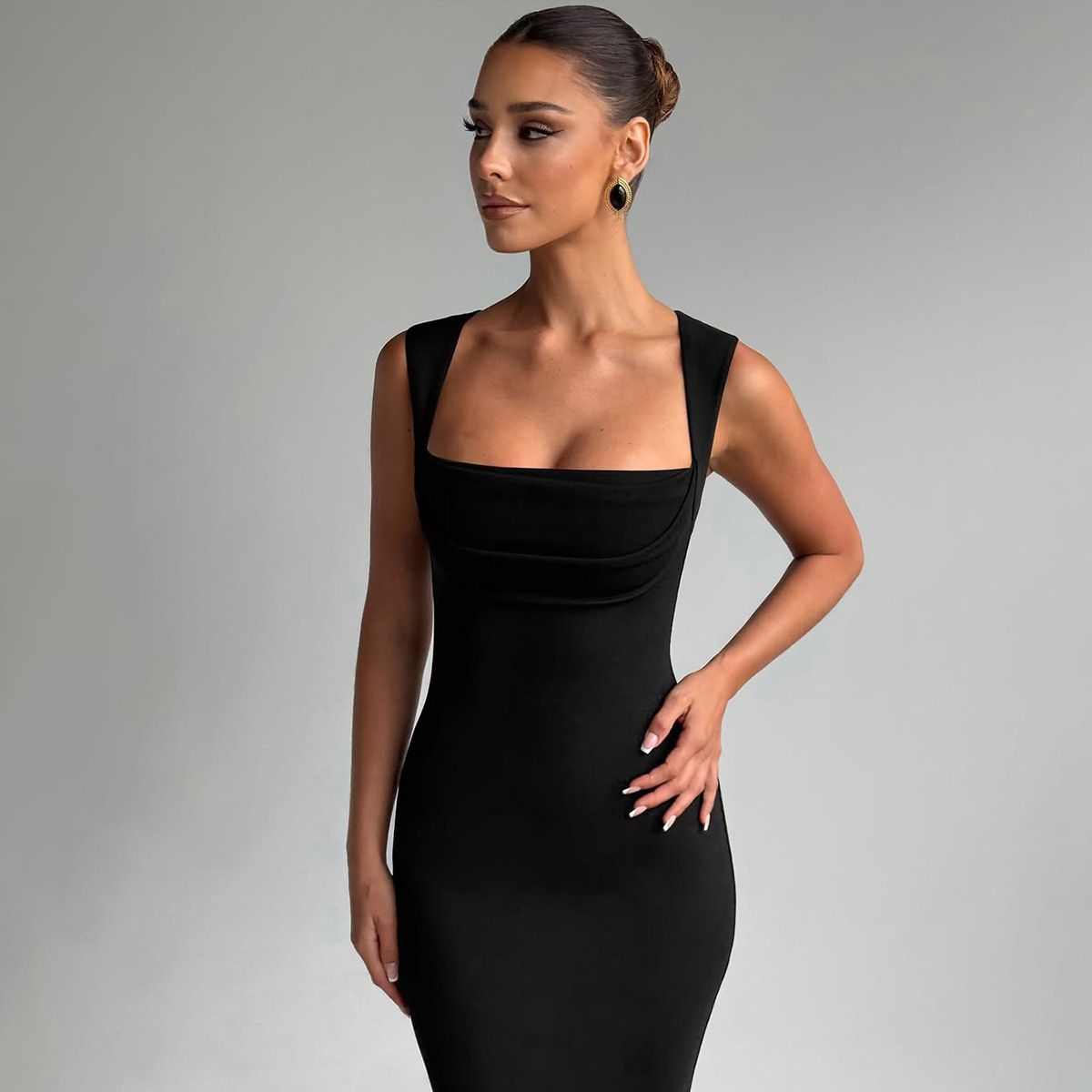 Slim Square Collar Sleeveless Dress for Women European And American Style Spring Summer Fashion Temperament Solid Color Streetwear_ecoleips.com