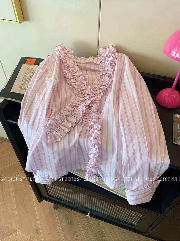 Women's Clothing Light Pink Three Dimensional Wood Ear Edge V Neck Striped Shirt Sweet Loose Lazy Shirt_ecoleips.com