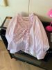 Women's Clothing Light Pink Three Dimensional Wood Ear Edge V Neck Striped Shirt Sweet Loose Lazy Shirt_ecoleips.com