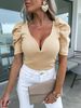 Women's Clothing New V Neck Casual Short Sleeved Knitted Top Shirt Puff Sleeve_ecoleips.com