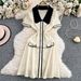 Women's Contrast Color Knit Dress - Doll Collar & Single-Breasted Design Slim Fit Mid-Length Skirt, Elegant Short Sleeve Knitted Dress_ecoleips.com