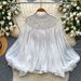 French-Inspired Embroidered Mesh Blouse – Glamorous Puff Sleeve Top With Crystal Embellishments (Oversized Fit)_ecoleips.com