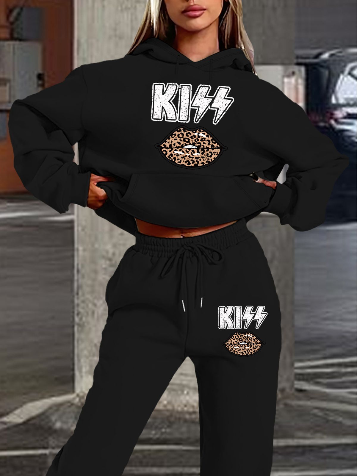 Women's Autumn And Winter Casual Fashion KISS Leopard Print Lip Print Thick Velvet Warm Hooded Sweatshirt+sports Pants Set-718_ecoleips.com