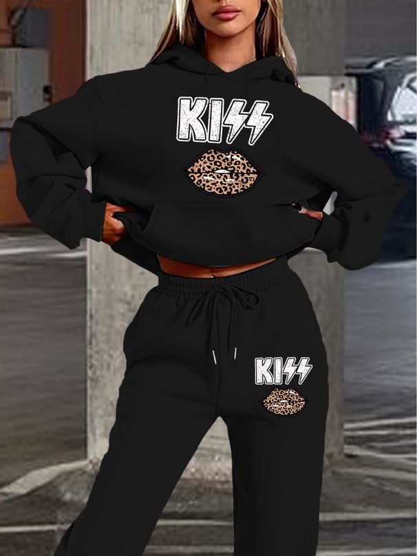 Women's Autumn And Winter Casual Fashion KISS Leopard Print Lip Print Thick Velvet Warm Hooded Sweatshirt+sports Pants Set-718_ecoleips.com