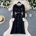 Black Knit Dress Color-Block Stand Collar Belted Midi Long Sleeve Women's Casual Dress For Autumn/Winter_ecoleips.com