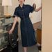 Women's Clothing High End Polo Collar Denim Dress Summer Split Belt Design Niche Temperament Long Skirt_ecoleips.com
