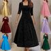 Women's Clothing Elegant Solid Color Jacquard Long Sleeve Square Neck Dress Fashion Plus Size Loose Fit Gold Velvet_ecoleips.com