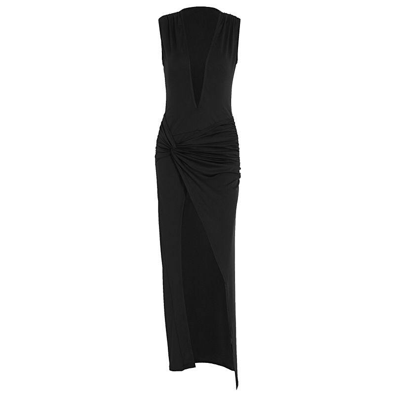 Women's Summer New Arrival Sexy Deep V Halter Dress Ruched Bodycon Side Slit Evening Party Holiday Dress_ecoleips.com