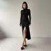 Spring New Arrival Women's Elegant Solid Color High Slit Pleated Slim Fit Long Sleeve Dress_ecoleips.com
